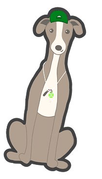 Martin, drawn as a greyhound in a green cap